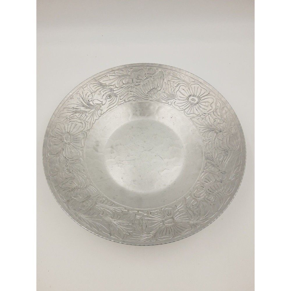 Hand Forged Aluminum Bowl With Floral Design Large Centerpiece E.M.P.C. Vintage